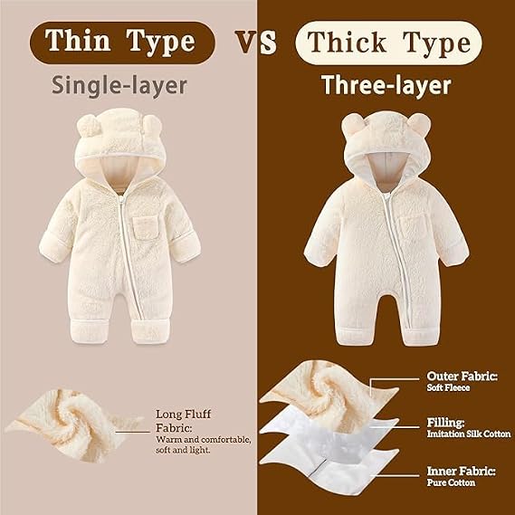 Mono con diseño de oso para recién nacido, con manoplas plegables y calcetines, de forro polar, para invierno, con capucha, para niñas y niños - Imagen 7