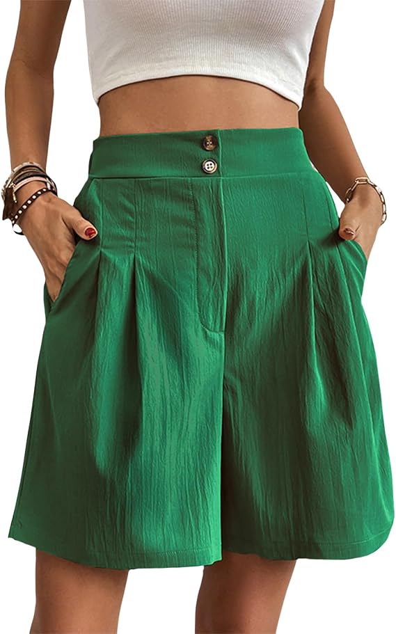Pantalones cortos casuales para mujer, hasta la rodilla, de algodón, ajuste holgado, con botones, de lino, plisados, cintura elástica, con bolsillos