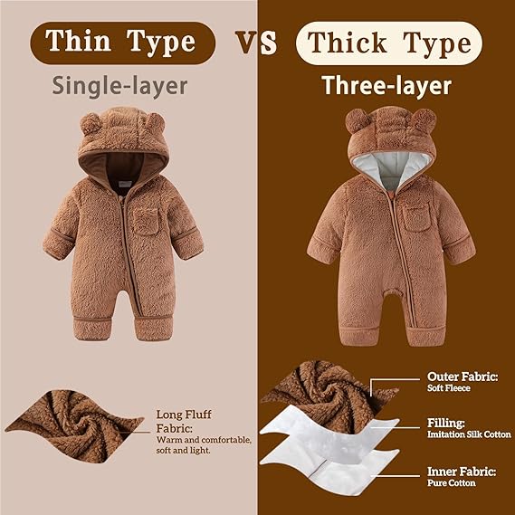 Mono con diseño de oso para recién nacido, con manoplas plegables y calcetines, de forro polar, para invierno, con capucha, para niñas y niños - Imagen 5