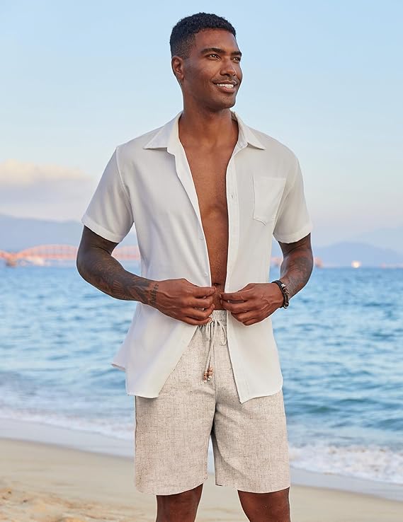 Pantalones cortos de lino para hombre, cintura elástica, cordón ajustable, ajuste holgado, pantalones cortos de playa para verano y vacaciones, con bolsillos