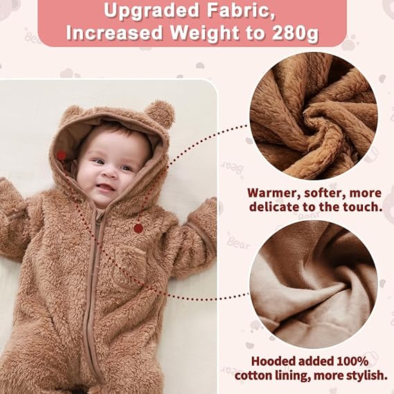 Mono con diseño de oso para recién nacido, con manoplas plegables y calcetines, de forro polar, para invierno, con capucha, para niñas y niños - Imagen 4