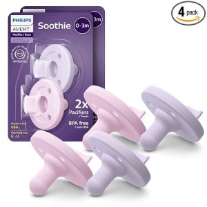 Philips Avent Soothie Chupetes ortodónticos para bebé, 100% de silicona, de una pieza, sin BPA, para bebés de 0 a 3 meses, 2 lila y 2 rosa, paquete de 4, modelo SCF190/70
