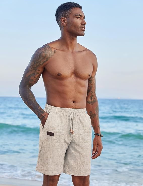 Pantalones cortos de lino para hombre, cintura elástica, cordón ajustable, ajuste holgado, pantalones cortos de playa para verano y vacaciones, con bolsillos - Imagen 3