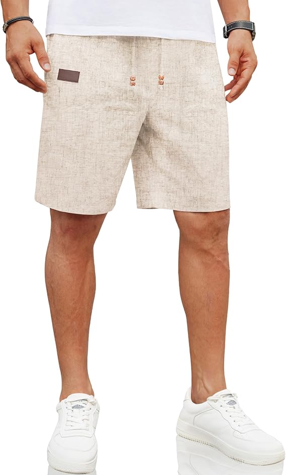 Pantalones cortos de lino para hombre, cintura elástica, cordón ajustable, ajuste holgado, pantalones cortos de playa para verano y vacaciones, con bolsillos - Imagen 4