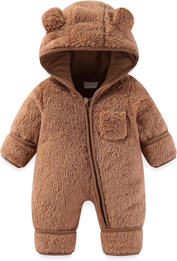 Mono con diseño de oso para recién nacido, con manoplas plegables y calcetines, de forro polar, para invierno, con capucha, para niñas y niños